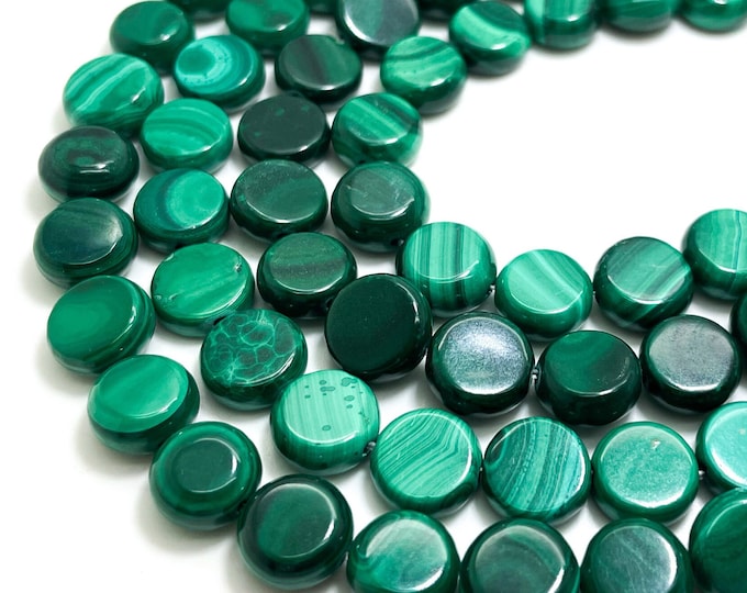Natural Malachite, Green Malachite Polished Smooth Flat Round Disc Coin 9mm Gemstone Beads - PGS142