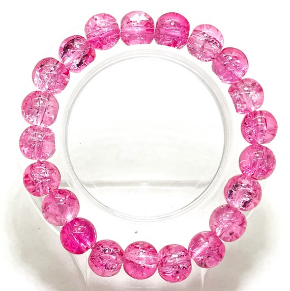 Crackle Quartz Handmade Cracked Crystal 10mm Polished Smooth Gemstone Bracelet (Hot Pink) - PGB239A