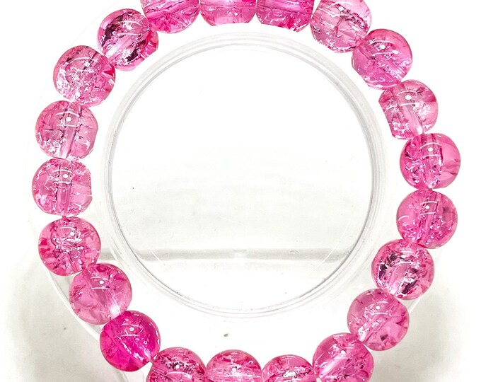 Crackle Quartz Handmade Cracked Crystal 10mm Polished Smooth Gemstone Bracelet (Hot Pink) - PGB239A