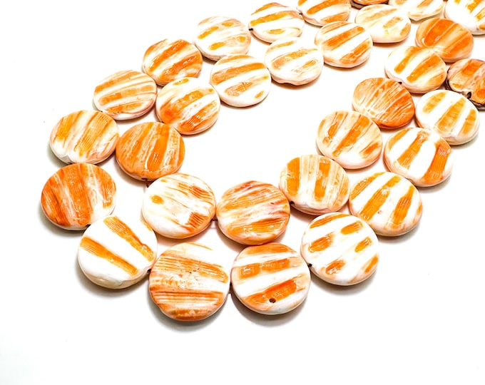 Natural Native American Spiny Oyster Shell 25mm Flat Round Disc Coin Beads - White Orange Color Variations - PG218