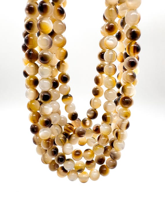 Natural Black Lip Shell Round Beads 7.5mm, Genuine Mother of Pearl MOP Smooth Spheres, Cream Gold Brown Organic Gemstone Spacer Beads - RN03