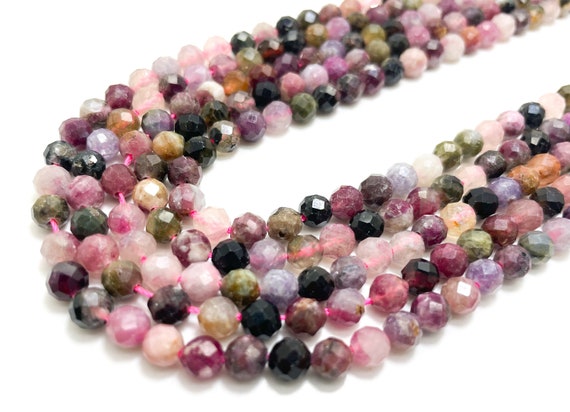 Natural Tourmaline Gemstone Beads, Rainbow Water Tourmaline Faceted Round 4mm 5mm 6mm Gemstone Beads - RNF14