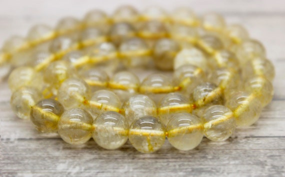 Natural Golden Rutilated Quartz Smooth Round Beads, Gemstone for Jewelry Making Supplies (8mm-12mm) - PG29
