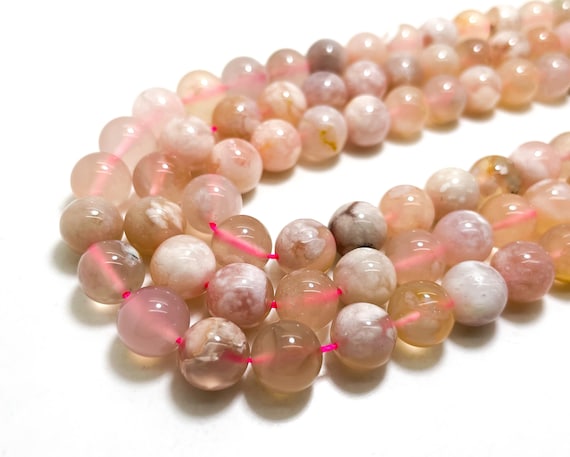 Pink Agate Beads, Natural Cherry Blossom Agate Smooth Round Sphere Ball Gemstone Beads - RN107
