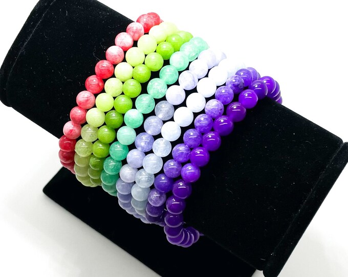 Jade Bracelet, Polished Smooth Round Gemstone 6mm Beads Dyed Red Blue Green Purple Beads Stretch Elastic Cord Handmade Bracelet - PGB152