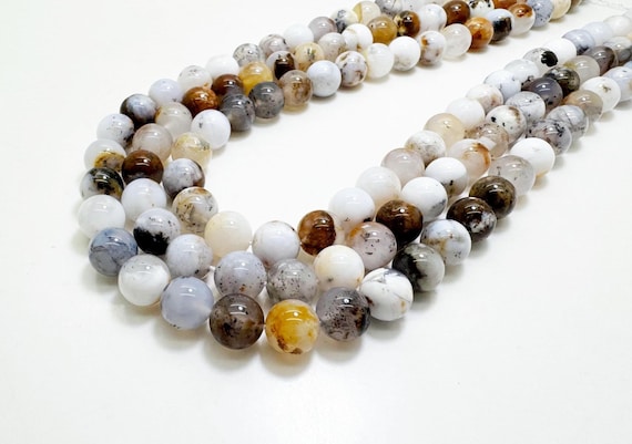 Natural Dendritic Opal Beads 6mm 8mm 10mm Genuine White Opal with Black Dendrites Jewelry Making Round Beads 15.5” Strand