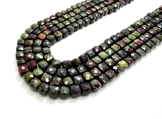 Natural Dragon Blood Jasper Faceted Square Cube 7mm Green Red Gemstone Beads - PGS121