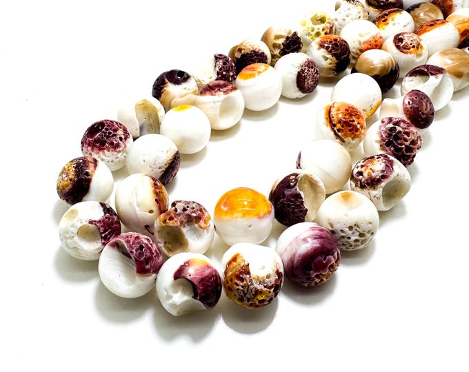 Natural Native American Spiny Oyster Shell 16mm Round Beads - White Purple Color Variations - PG218