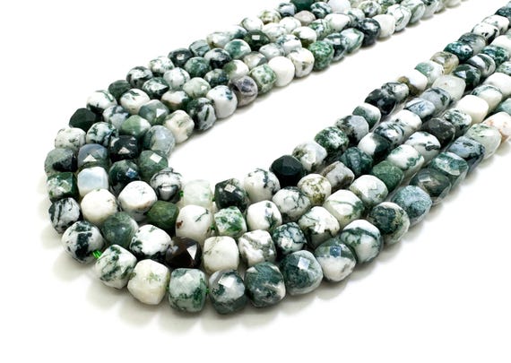 Natural Green Tree Agate Faceted Square Cube 7mm Gemstone Beads - PGS121
