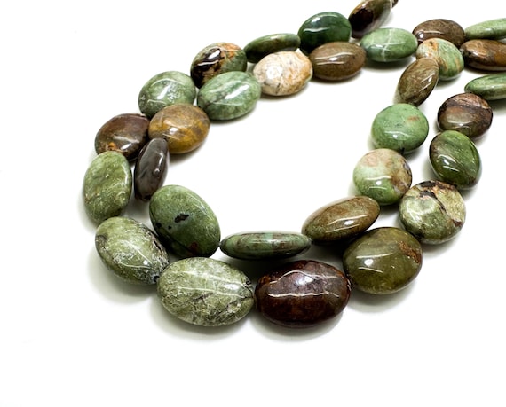 Green Opal Beads, Natural African Green Opal Smooth Flat Oval Gemstone Beads - PG195