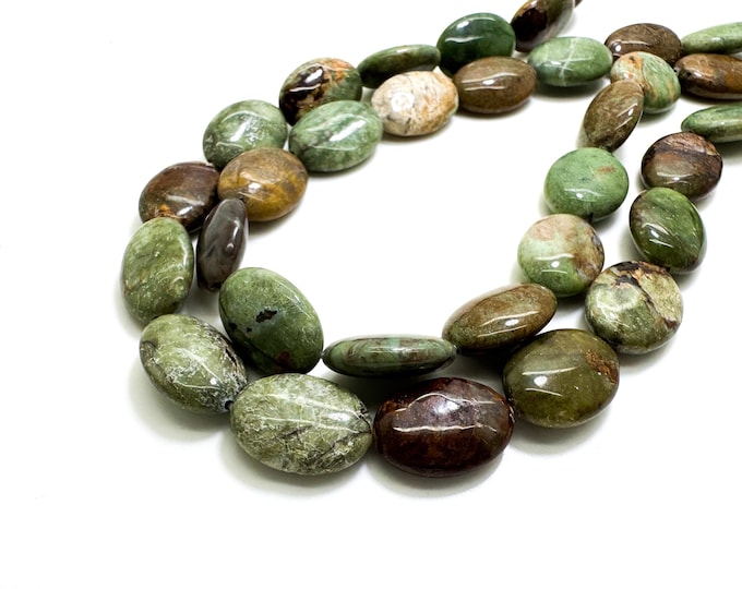 Green Opal Beads, Natural African Green Opal Smooth Flat Oval Gemstone Beads - PG195