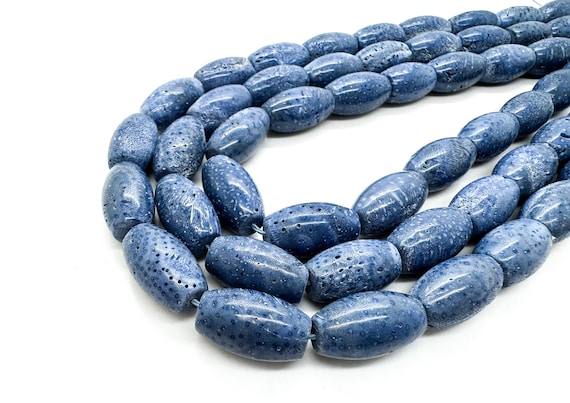Natural Blue Sponge Coral Barrel Beads Genuine 12mm x 18mm Large Polished Stone Indigo Blue Sea Coral Cylinder Jewelry Making Supply PG314