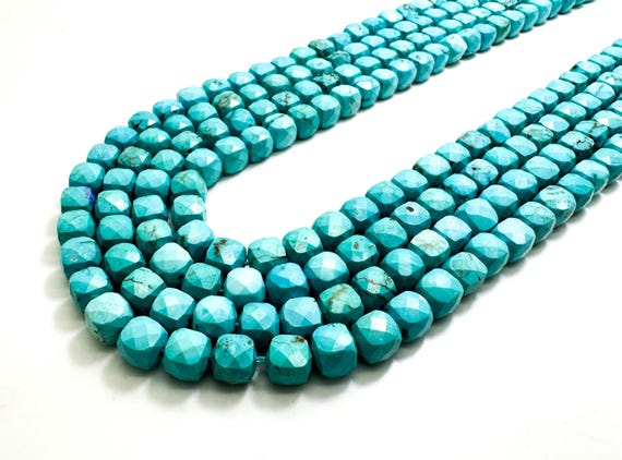 Natural Blue Howlite Turquoise Faceted Square Cube 7mm Gemstone Beads - PGS121