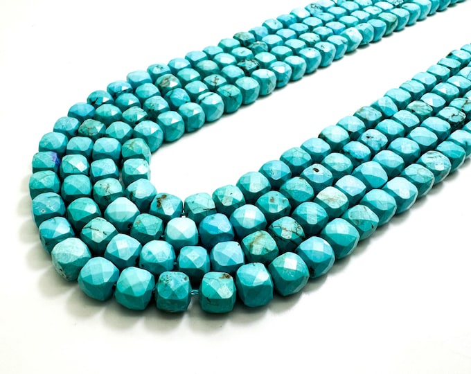 Natural Blue Howlite Turquoise Faceted Square Cube 7mm Gemstone Beads - PGS121