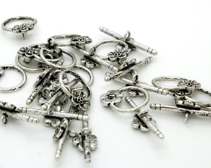 Lot 13 Sets 14mm x 14mm Silver Flower Round Shape Enamel Lines Toggle Antiqued Clasps Jump Ring Necklace Bracelet Connectors Jewelry Supply