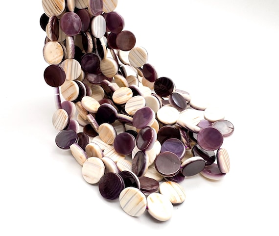 Natural Wampum Shell Coin Beads • Genuine Purple & White Quahog 8mm 10mm 12mm Flat Round Beads • Polished Atlantic Shell Jewelry Supply