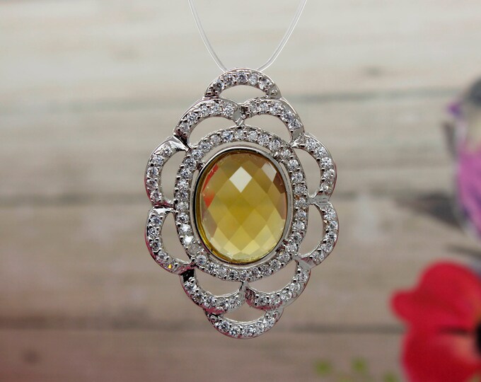 Natural Citrine Pendant Citrine Faceted Oval Gemstone Pendant Silver Plated with Rhinestone