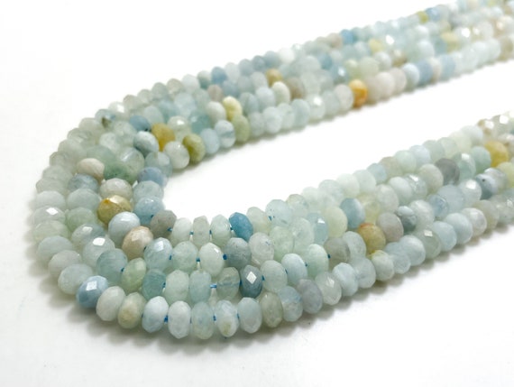 Natural Aquamarine, Faceted Rondelle 4mm x 6mm Blue Aquamarine Gemstone Beads - RDF09
