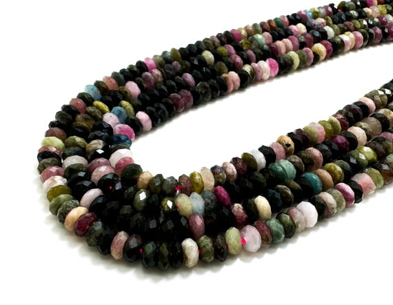 Natural Rainbow Tourmaline, 2mm x 5mm Multi color Genuine Tourmaline Faceted Rondelle Gemstone Beads - RDF66