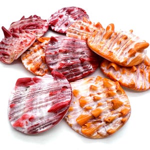 Könnte beinhalten: Eine Sammlung dekorativer Muscheln in Rot-, Orange- und Weißtönen. Die Muscheln haben eine strukturierte Oberfläche und eine Vielzahl von Formen, darunter abgerundete und stachelige Designs. Die Muscheln sind auf weißem Hintergrund angeordnet.