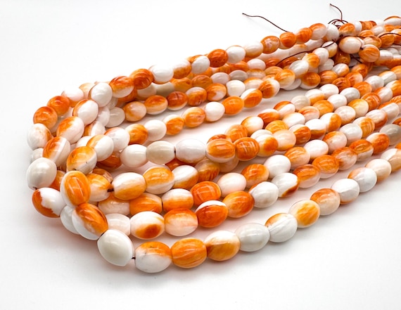 Natural Spiny Oyster Shell Beads Polished Smooth Oval Vibrant Orange & White Barrel Shell Gemstone for Artisan Jewelry Supply - SO3