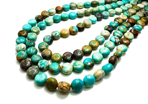 Natural Genuine Blue Turquoise Flat Round Polished Smooth Gemstone Beads - PGS391D