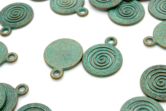 Antiqued Patina Green Bronze Charm Beads Pendant Earing 24mm x 18mm x 2mm - Round Circle Swirl Shield