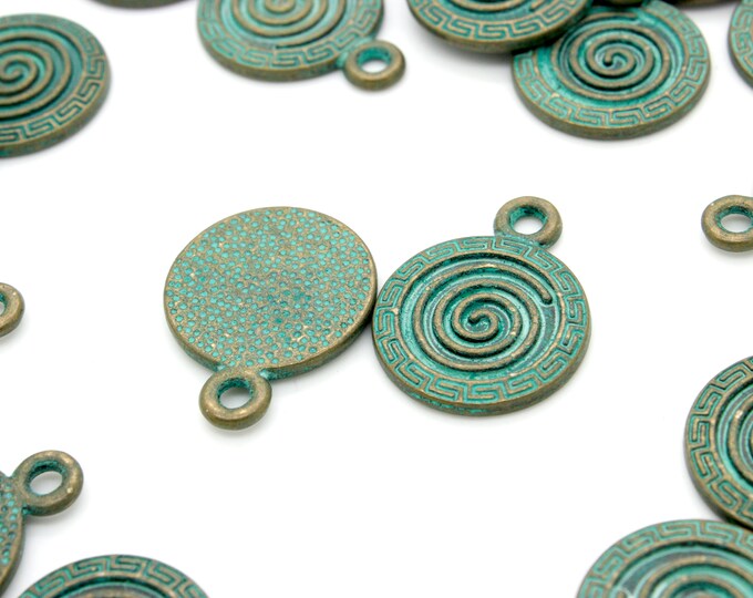 Antiqued Patina Green Bronze Charm Beads Pendant Earing 24mm x 18mm x 2mm - Round Circle Swirl Shield