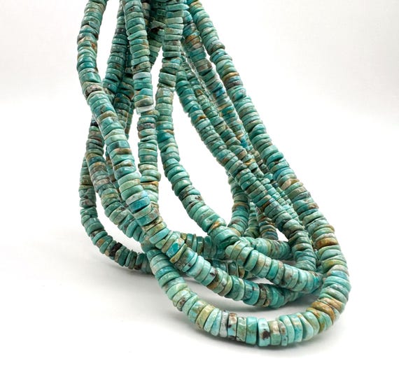 Natural Kingman Turquoise Beads Smooth 6mm Flat Round Disc Heishi Green Blue Untreated Gemstone for Men Women Jewelry Supply- PGS230B