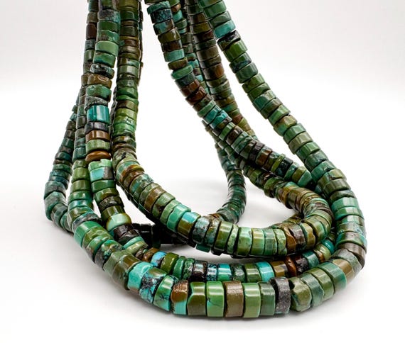 Natural Genuine Turquoise, Green Hubei Turquoise Heishi Rondelle Disc Gemstone Beads - PG93E
