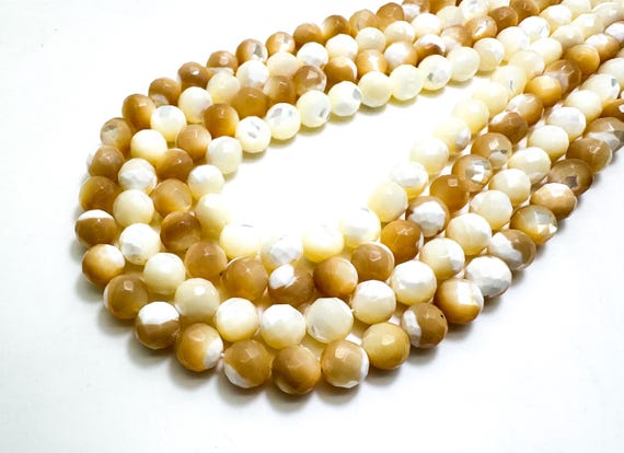 Natural Mother of Pearl Faceted Round Beads – Genuine Shell for Jewelry Making - RNF49