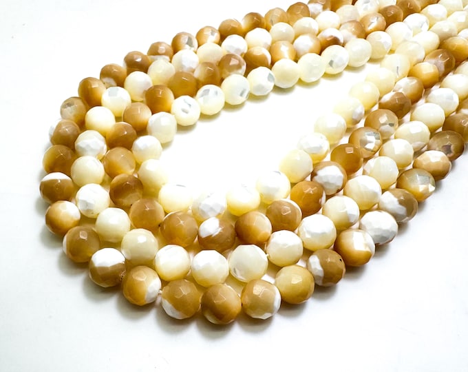 Natural Mother of Pearl Faceted Round Beads – Genuine Shell for Jewelry Making - RNF49