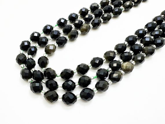 Black Obsidian Faceted Oval Beads 6x8mm | Natural Obsidian Gemstone Strand 14.5” | Protection Stone Beads for Jewelry Making - PGS323