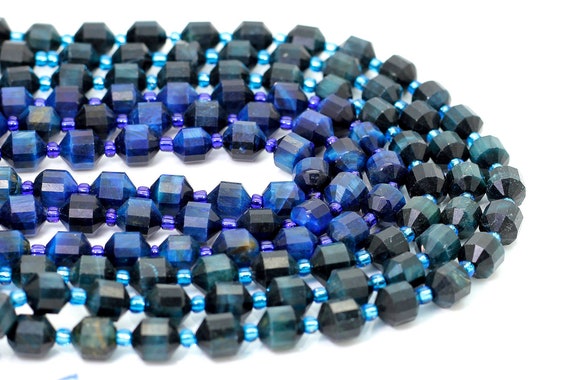 Natural Blue Tiger Eye Beads, Faceted Round Double Terminated Points Energy Prism Cut Tiger Eye Gemstone Beads - PGS302