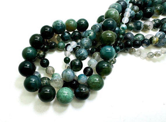 AA Natural Green Moss Agate Smooth Polished Round Gemstone Beads (4mm 6mm 8mm 10mm) - PG310
