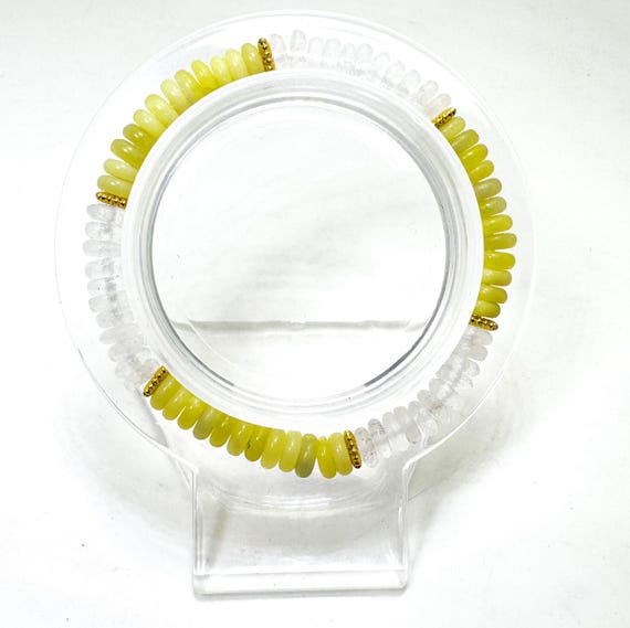 Lemon Jade & Clear Quartz Stretch Bracelet – 6mm Beads, 6.5" – Gold Spacer Accents – Joy • Clarity • Harmony - PGB8R41