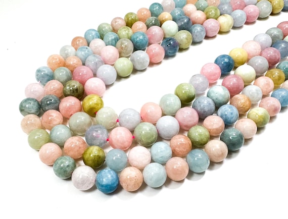 Natural Multi-Color Beryl Beads – Soft Pastel Elegance, Polished Smooth Round AAA Morganite Gemstone Beads (4mm 6mm 8mm 10mm) PG04
