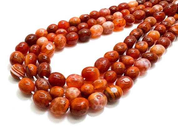 Fire Agate Beads, Natural Red Fire Agate Ball Pebble Nugget Barrel Smooth Polished Gemstone Beads - PGS100