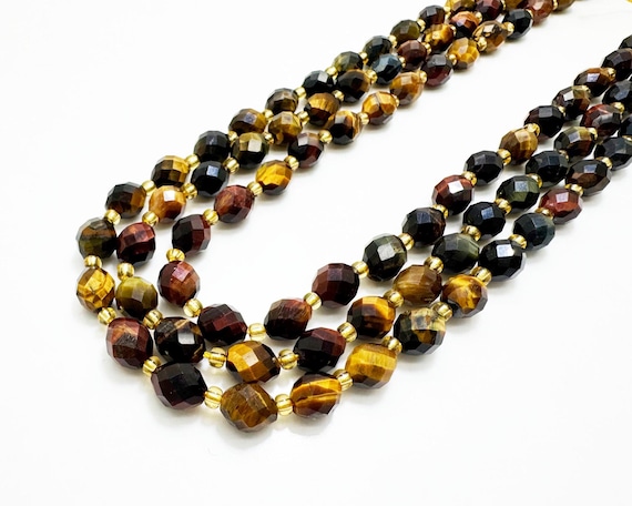Natural Mixed Color Tiger Eye Faceted Oval Beads 6x8mm – Red Yellow Blue Tiger Eye Strand 14.5" – Jewelry Making Supplies- PGS323