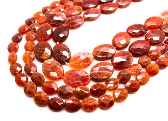 Fire Agate Beads, Natural Fire Agate Polished Smooth Faceted Flat Oval Gemstone Beads - PG177