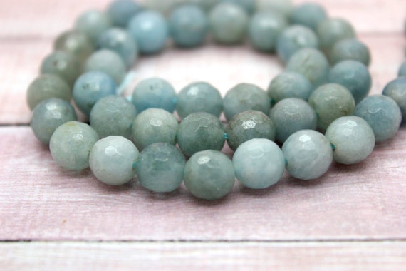 Natural Aquamarine, Blue Aquamarine Faceted Round Ball Sphere Natural Gemstone Beads (6mm 8mm 10mm 12mm) - PG49