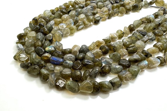 Dark Gray Labradorite Beads: Polished Nugget Pebble Gemstone Strand