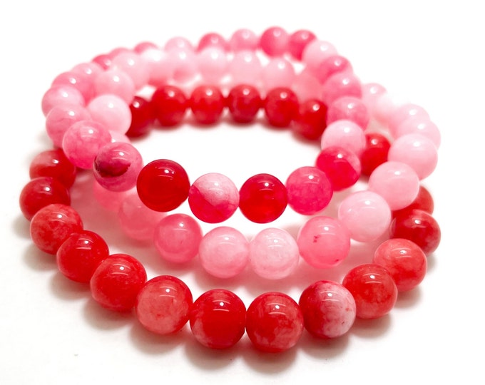 Agate Bracelet, Light Pink Hot Pink Fuchsia Agate Gemstone 8mm Beads Stretch Elastic Cord Handmade Beaded Bracelet- PGB104