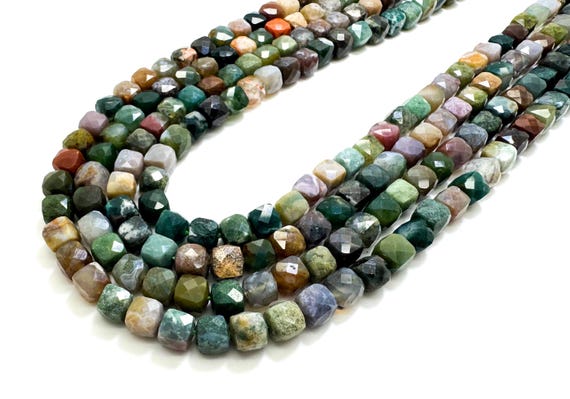 Natural Green Indian Agate Faceted Square Cube 7mm Gemstone Beads - PGS121