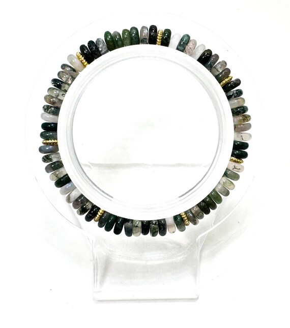 Handmade Green Moss Agate Bracelet: Gemstone Beads with Gold Accents - PGB8R26