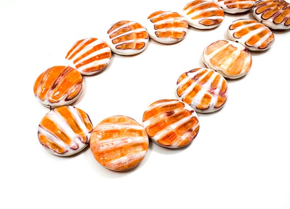 Spiny Oyster Shell Beads: 30mm Orange White Flat Round Discs