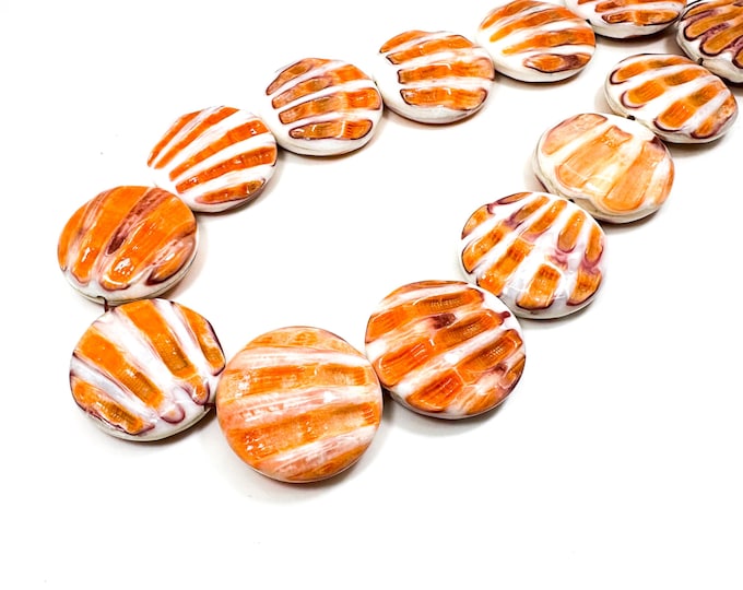 Natural Native American Spiny Oyster Shell 30mm Flat Round Disc Coin Beads - White Orange Color Variations - PG218