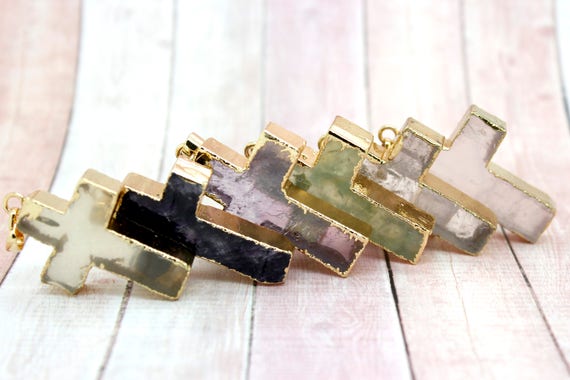 Natural Gemstone Gold Plated Cross Pendant Charm for Craft Necklace Jewelry Making (Amethyst, Prehnite, Quartz, Citrine, Jade)
