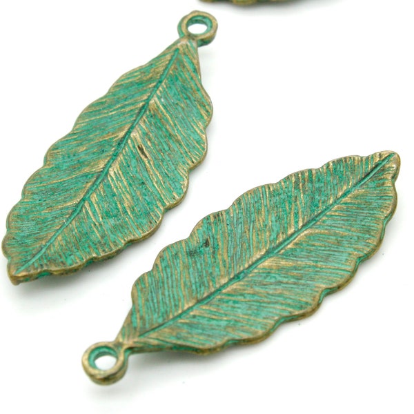 Antiqued Patina Green Bronze Charm Beads Pendant Earing 31mm x 12mm x 2mm - Leaf
