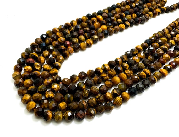 Natural Yellow Tiger Eye Faceted Round 6mm Gemstone Beads - RNF130